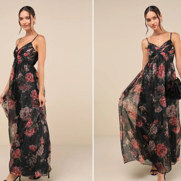 Lulus Truly Extraordinary Black Floral Organza Pleated Maxi Dress NWT - Picture 2 of 10